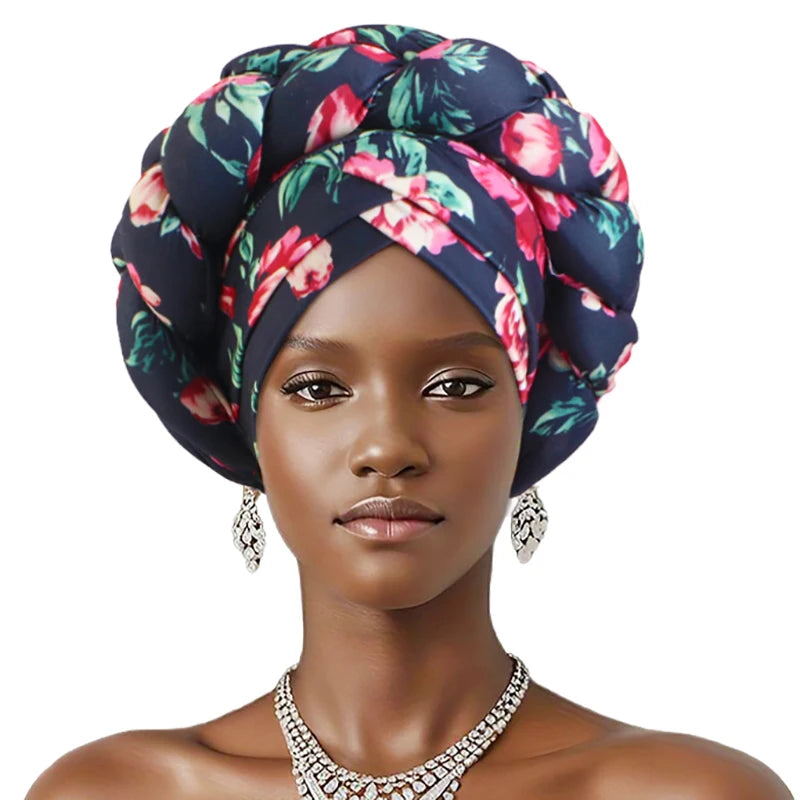 New African Print Twisted Large Braid Turban Hat Muslim Hijab Hat Elastic Head Wraps Headscarf Ramadan Headscarf Beanie Hats - NamafadStore