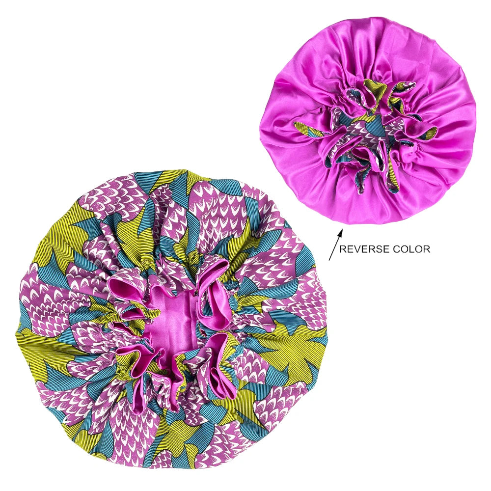 African Pattern Print Bonnet Hijabs Hat Women Night Sleep Cap Double Layer Satin Turban Extra Large Head Wear Lady Head Wrap Hat - NamafadStore