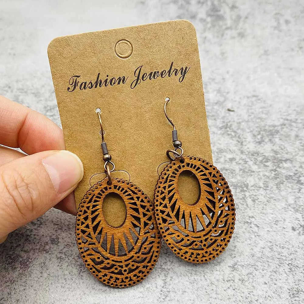 Vintage Hollowed Out Wooden Earrings Fashionable  Bohemian Style Creative Geometric Earrings Set for Women's Daily Wear