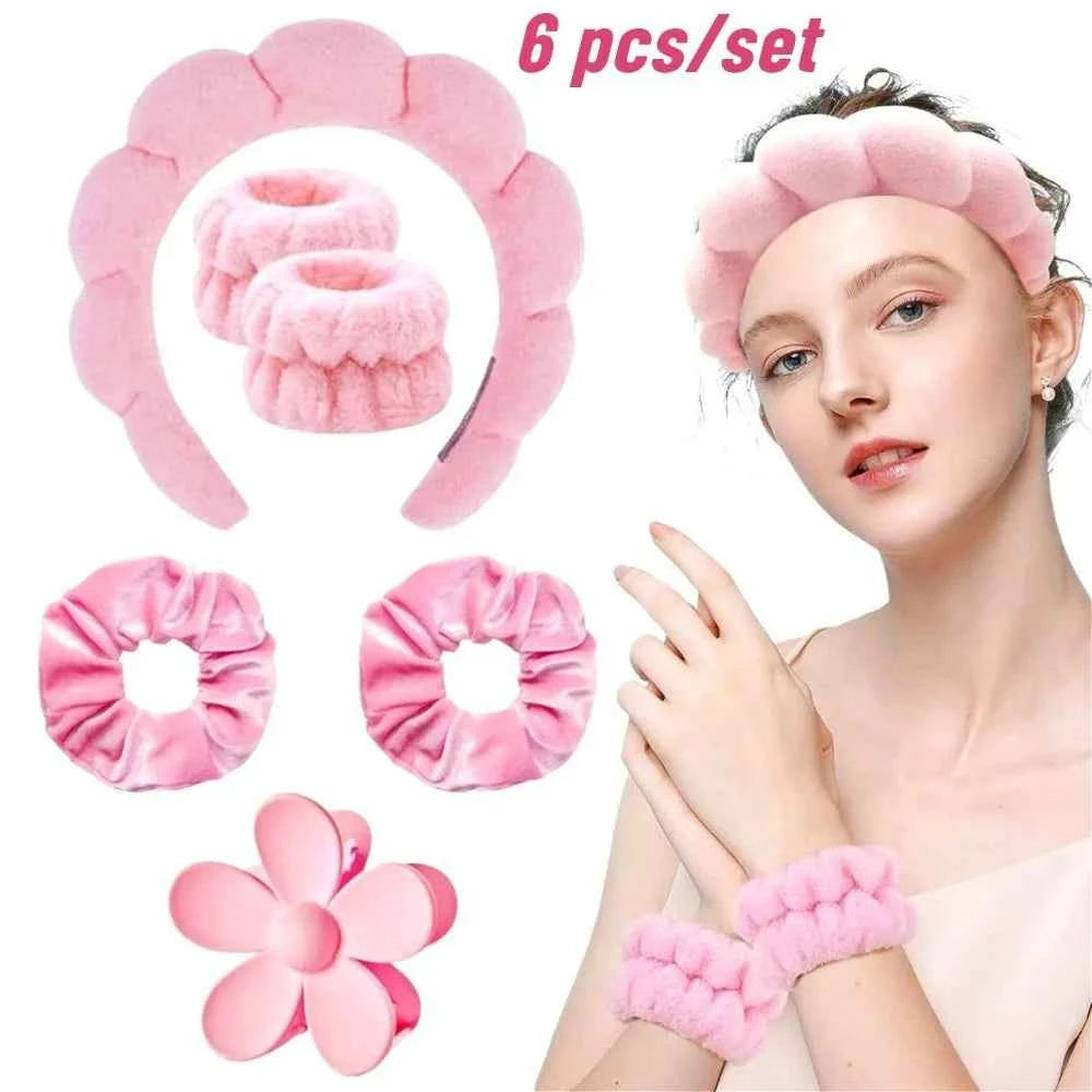 1/6Pcs Women Spa Hairband Puffy Sponge Headband Flower Hair Clip Wristbands Scrunchies for Washing Face Makeup Shower Skincare