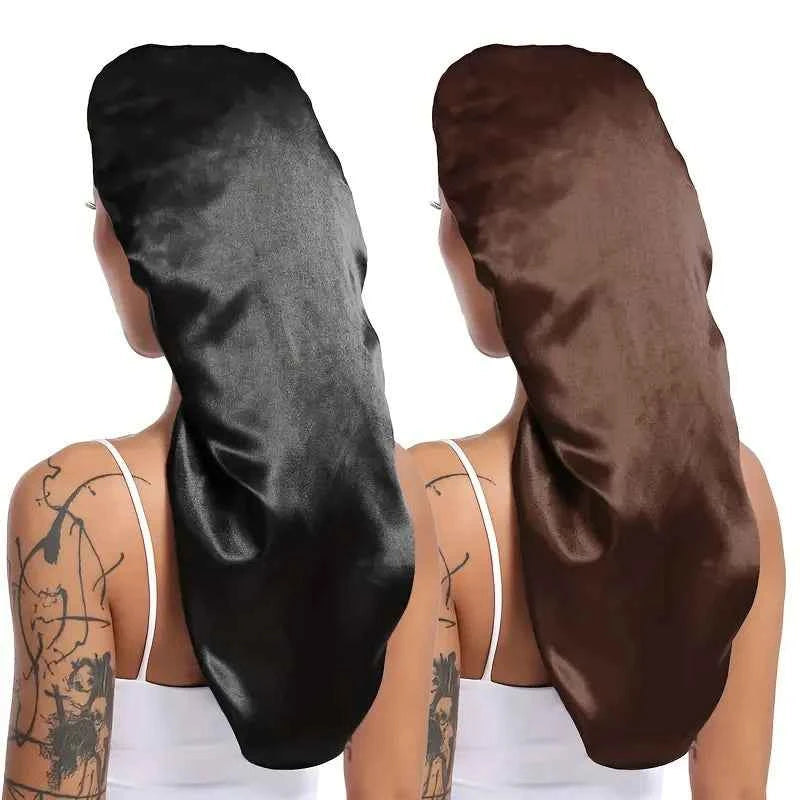 2pc Long Silky Sleep Bonnet For Straight Curly Hair, Extra Large Hair Bonnets For Dreadlock And Braids, Satin Sleeping Caps - NamafadStore