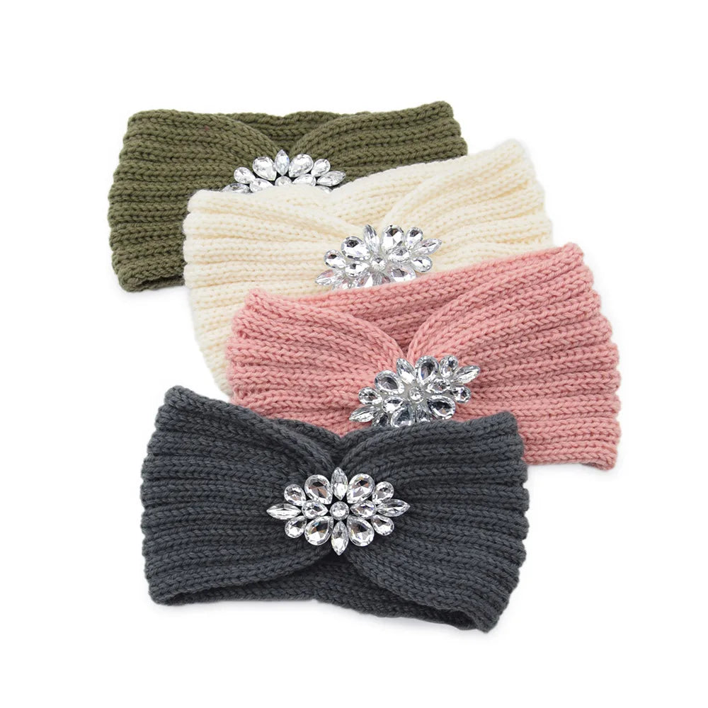 Elegant Women Rhinestone Knitted Hair Bands Ear Protection Headband Head Cover Face Washing Exercise Yoga Warm Wool Headwrap - NamafadStore