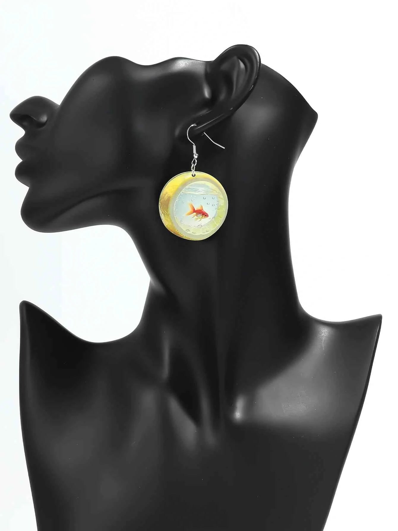 Cute Cartoon 2D Lemon Fish Acrylic Print Drop Earrings for Women Funny Round Carp Dangle Earring Creative Jewelry Birthday Gift