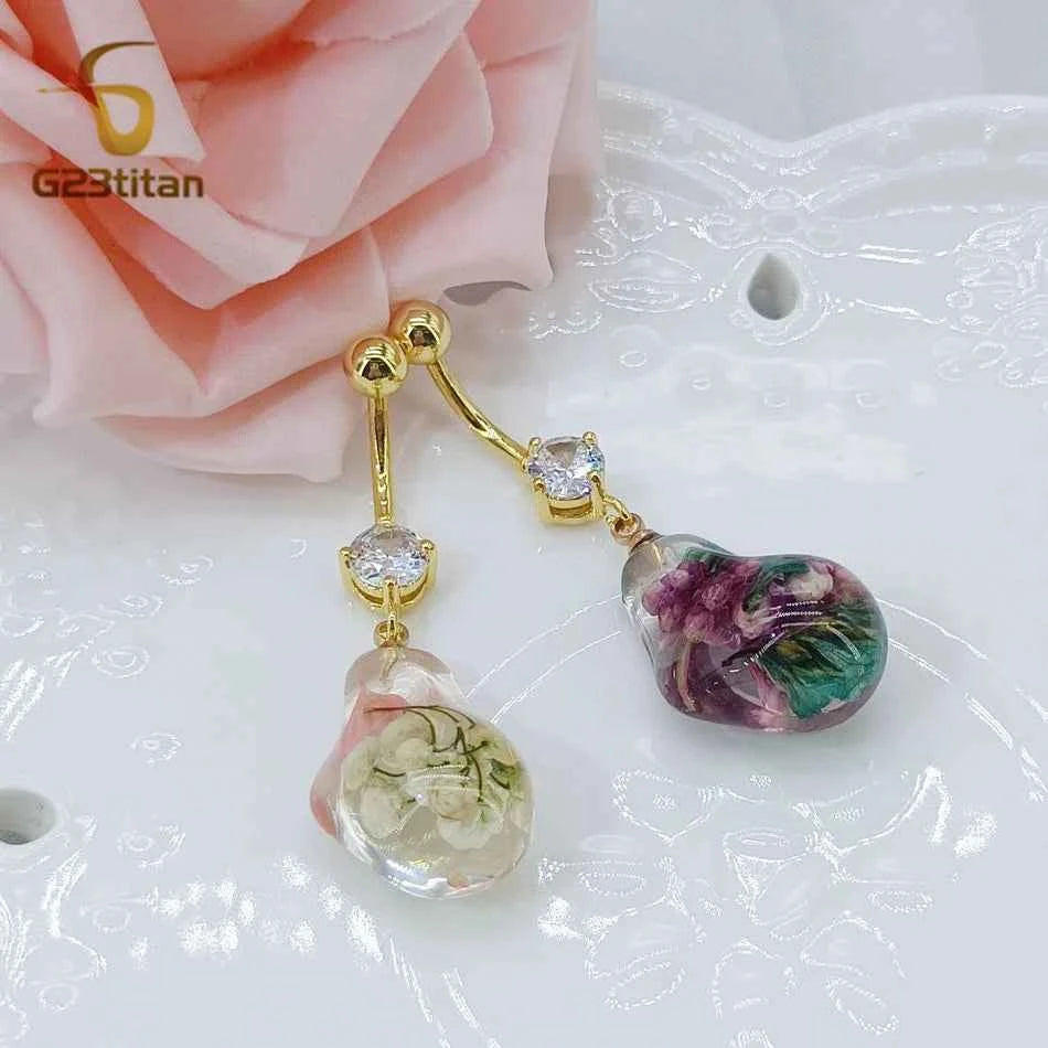 Transparent Resin Flower Charm Dangle Belly Button Ring 14G Allergy Free Titanium Bar Navel Piercing Women Summer Beach Jewelry