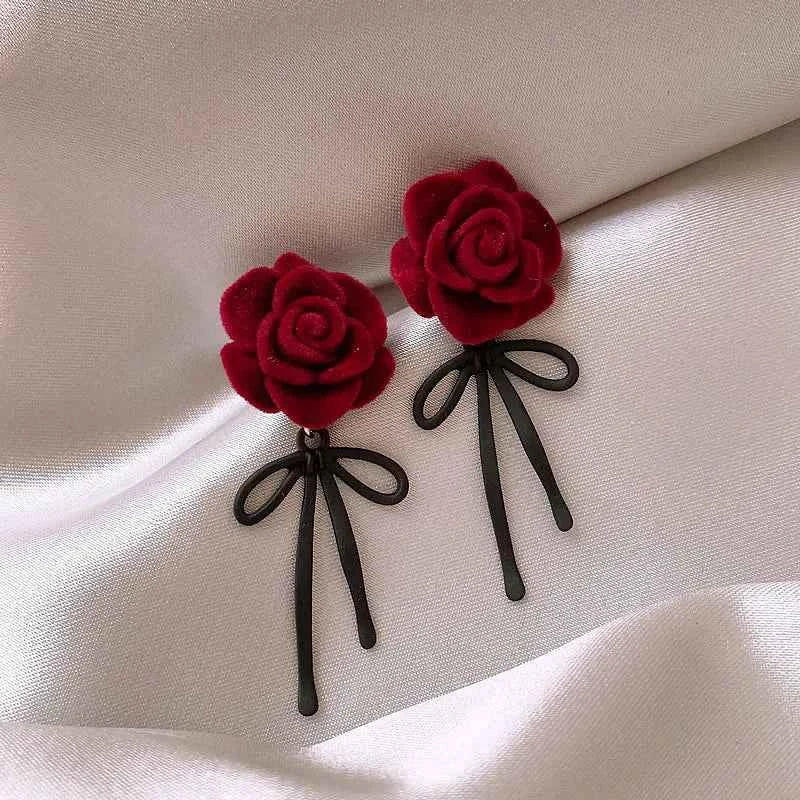 New Retro Flocking Flower Bow Earrings Luxury Roses Fashion Earings for Women Jewelry