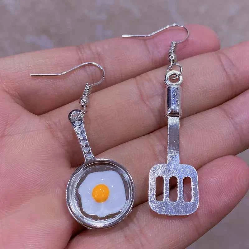 Egg Pot Spatula Earrings Poached Egg Fried Egg Spatula Earrings Kitchen Utensils Creative Asymmetric Earrings