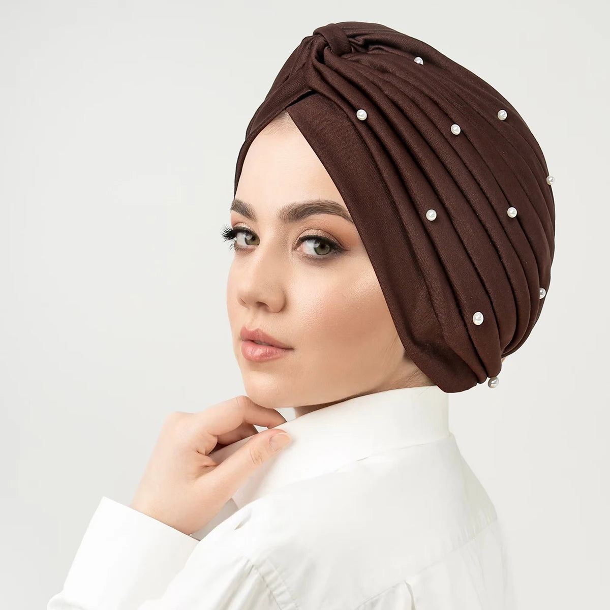 Solid Color Pearl Crinkle Women Muslim Hijab Caps Wrap Head Soft Elastic Ladies Turban Bonnet Islamic Clothing Accessories - NamafadStore