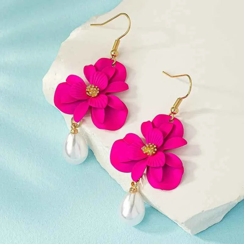 Rose Red Flower Imitation Pearl Dangle Earrings for Women Fashion Multilayer Floral Drop Earrings Jewelry Accessories Party Gift