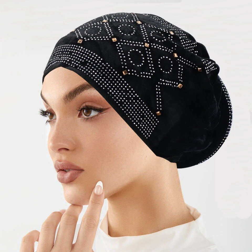 Soft Velvet Turban Cap for Women Muslim Headscarf Bonnet Elastic Female Headpiece Stylish Glitter Diamonds African Head Wraps - NamafadStore