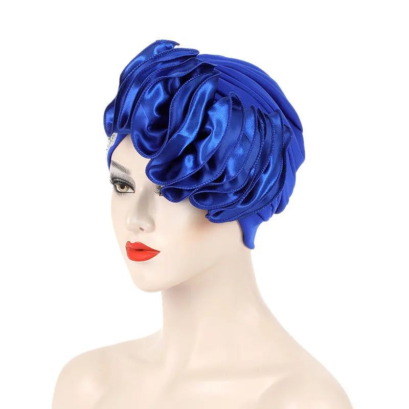 African Female Head Wraps Bonnet Nigeria Party Headgear Satin Ruffled Pleated Turban Caps for Women Ready to Wear Headtie - NamafadStore