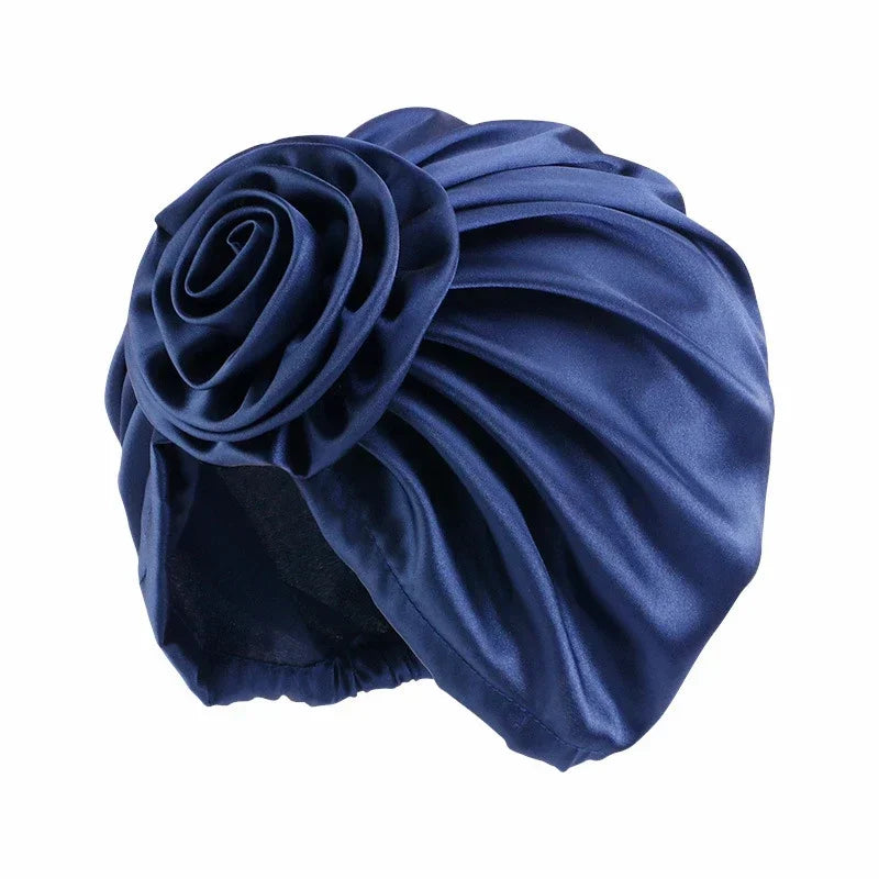 Big Flower Muslim Women Turban Satin Head Wrap Hijab Sleep Night Hat Chemo Cap Indian Elastic Beanie Ladies Hair Loss Headwear - NamafadStore