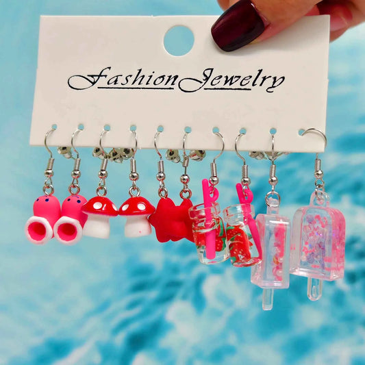 Resin red star mushroom shoe earring set, fun and fashionable, with card earrings and earrings