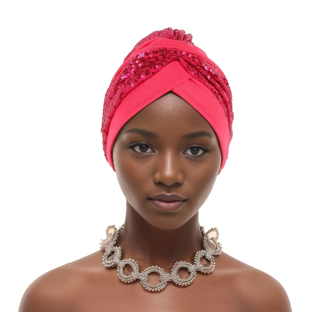 Glitter Sequins Ruffle Turban Cap Elegant Women Headscarf Bonnet Female Head Wraps Nigeria Wedding Party Headgear Headpiece