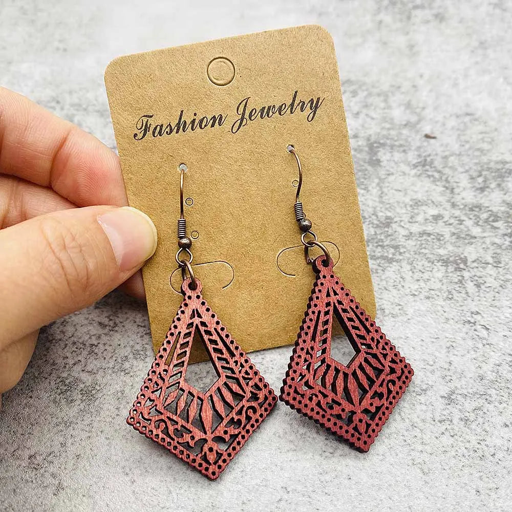 Vintage Hollowed Out Wooden Earrings Fashionable  Bohemian Style Creative Geometric Earrings Set for Women's Daily Wear