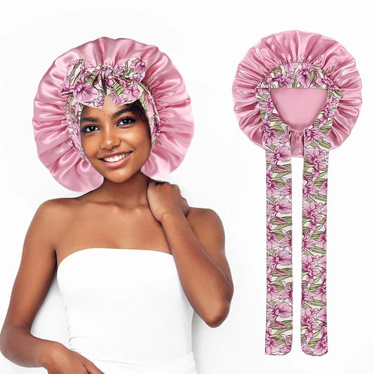 Women's Lace-up Satin Bonnet With Wide Stretch Ties Band Long Tail Bonnet Satin Cheveux Nuit Silky Sleeping Night Cap Bonnets - NamafadStore