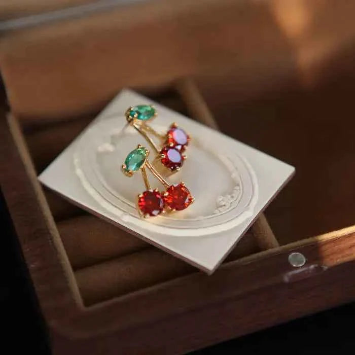 New Fashion Cute Red Zircon Cherry Stud Earrings Fashion Charm Crystal Party Birthday Holiday Gift