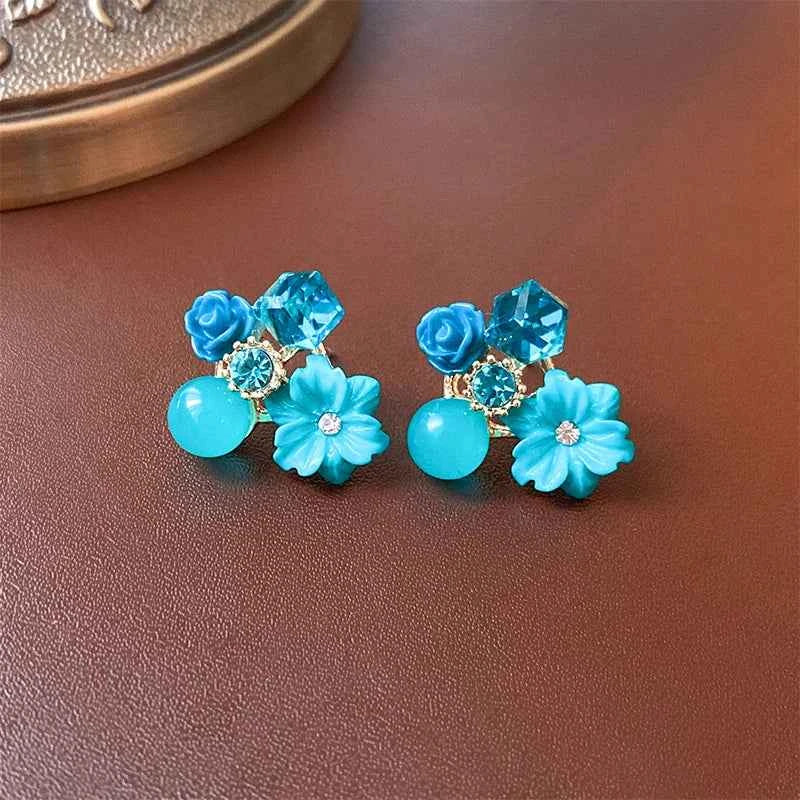 Yellow Purple Green Blue Flower Stud Earrings for Women Korean Fashion Acrylic Rhinestones Crystal Party Ear Jewelry Girls Gift