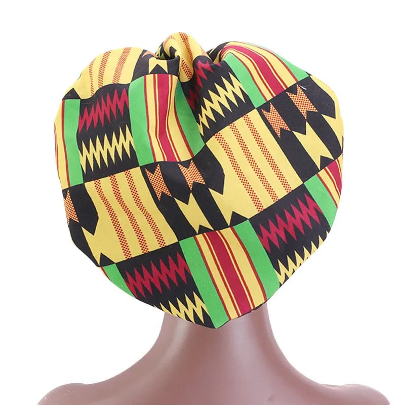 Satin Lining African Pattern Bonnet With Long Ribbon Women's Head Wrap Turban Cap Floral Print Ankara Hair Bonnet Hat - NamafadStore