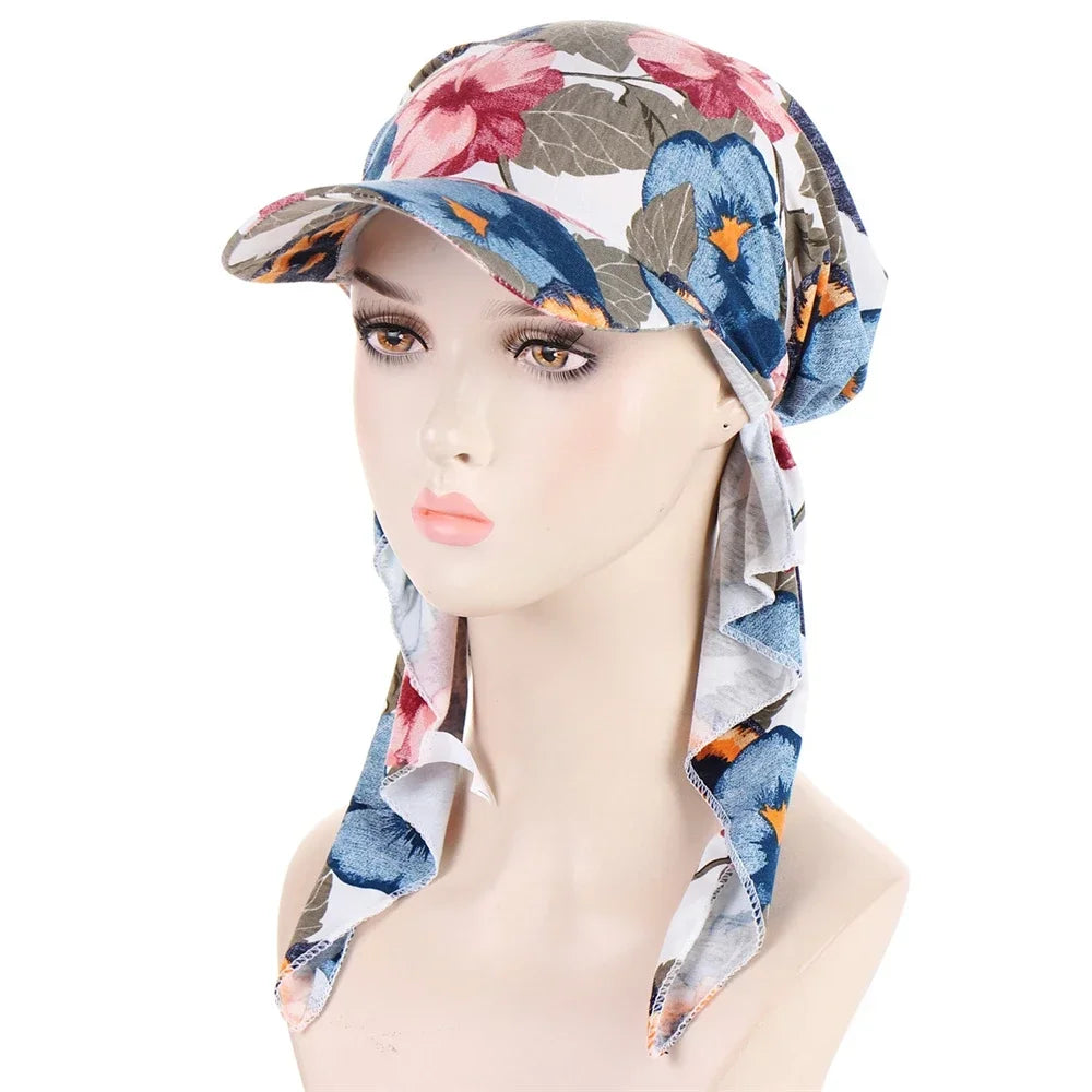 Fashion Muslim Floral Print Hijab Turban Hat for Women Visor Baseball Cap Sun Hats Headscarf Scarf Brim Femme Scarves Bandanas - NamafadStore