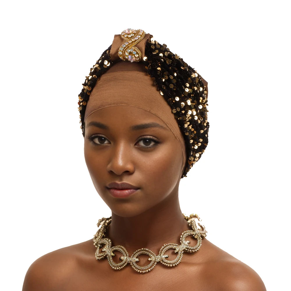Shining Diamond Sequins Women's Turban Cap African Hat Headtie Bonnet Muslim Headwear Top Knotted Head Caps Turbante Mejur - NamafadStore