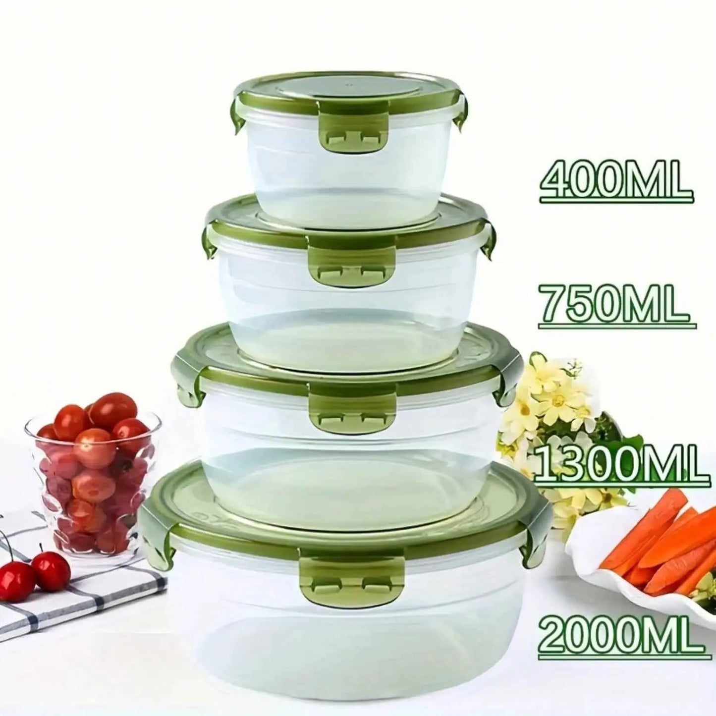 8pcs/set (4 Containers+4 Sealed Lids) - Kitchen Vegetable and Fruit Storage Box, Microwave Safe Round Bento Box