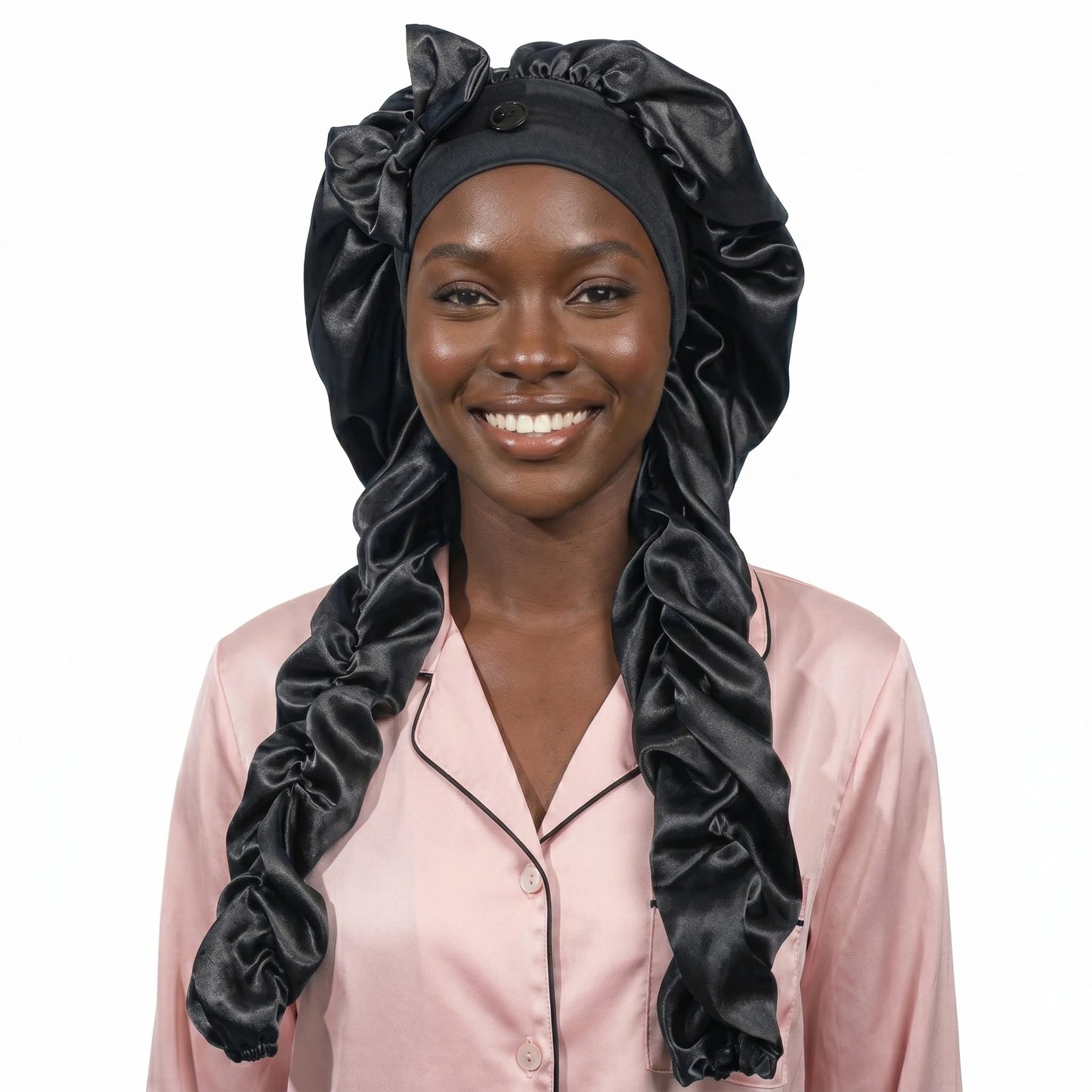 1pc Women's Satin Bow Long Braid Sleep Cap, Adjustable Snap Button Sleep Hat, Suitable for Curly Hair, Y Anti-Static Night Heads