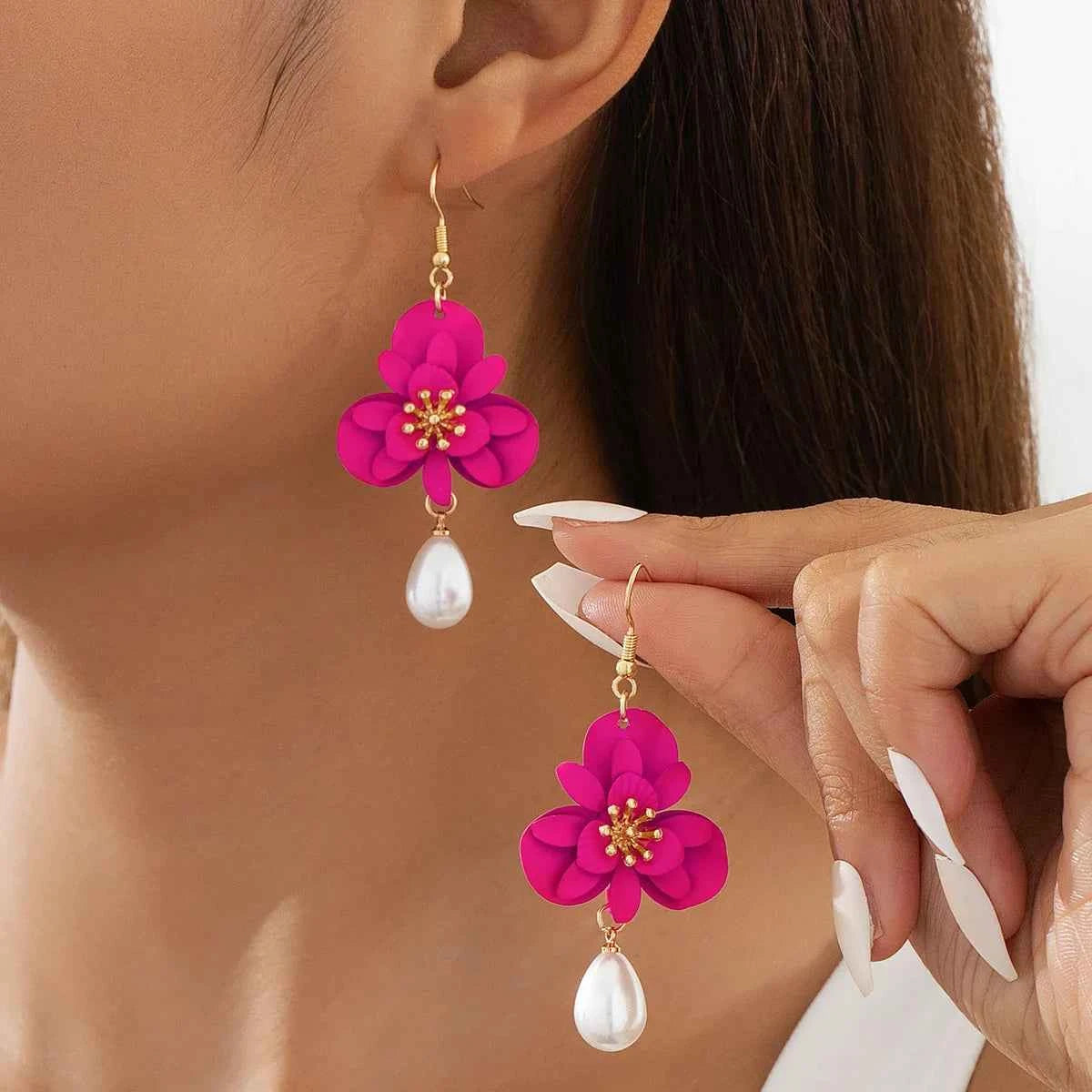 Rose Red Flower Imitation Pearl Dangle Earrings for Women Fashion Multilayer Floral Drop Earrings Jewelry Accessories Party Gift