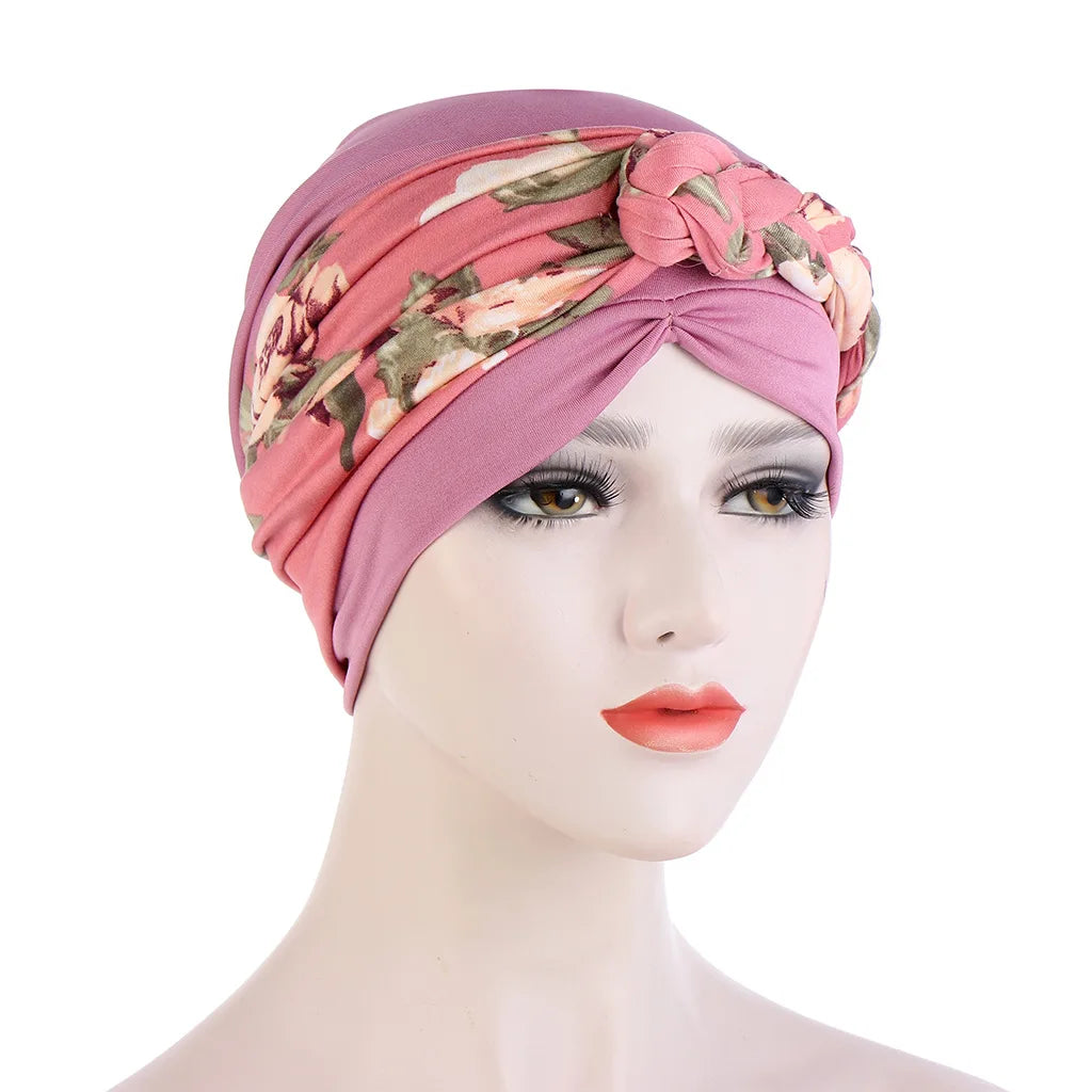 Muslim Women Twist Braid Turban Hats Pre Tied Headscarf Print Flower Hijabs Bandana Chemo Beanies Caps Cover - NamafadStore