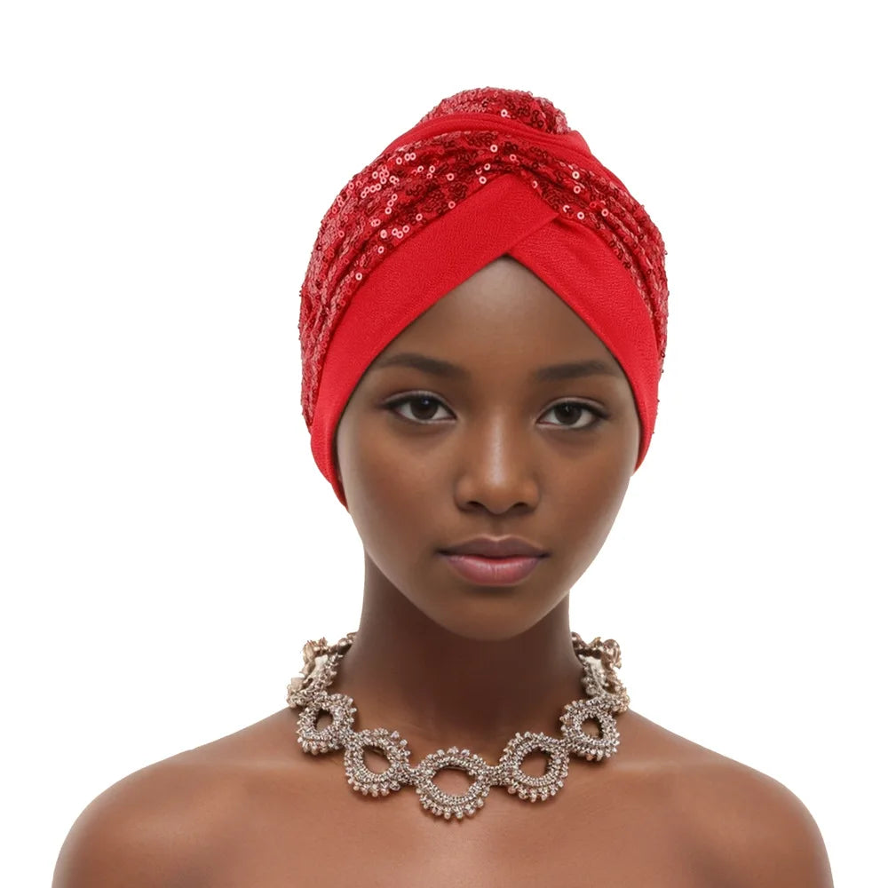 Glitter Sequins Ruffle Turban Cap Elegant Women Headscarf Bonnet Female Head Wraps Nigeria Wedding Party Headgear Headpiece