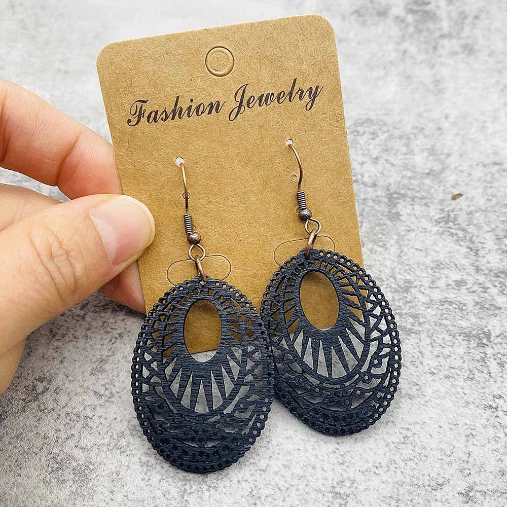 Vintage Hollowed Out Wooden Earrings Fashionable  Bohemian Style Creative Geometric Earrings Set for Women's Daily Wear