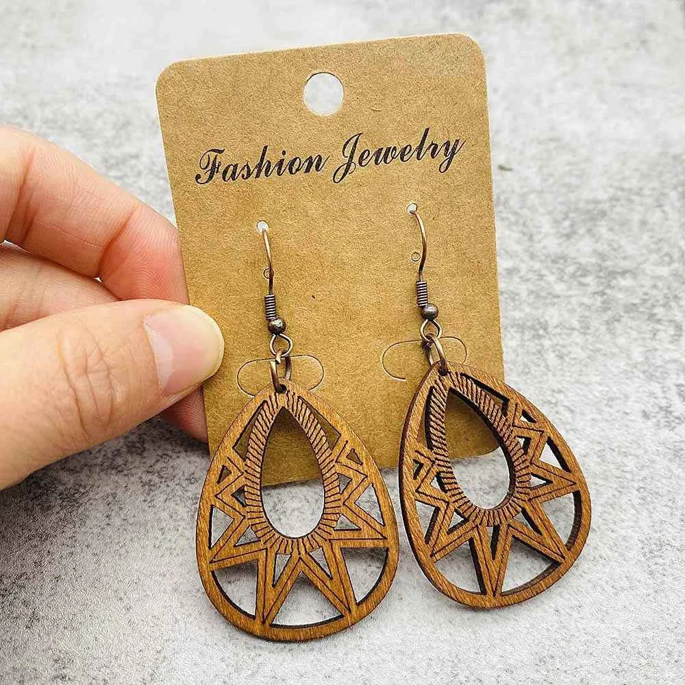 Vintage Hollowed Out Wooden Earrings Fashionable  Bohemian Style Creative Geometric Earrings Set for Women's Daily Wear