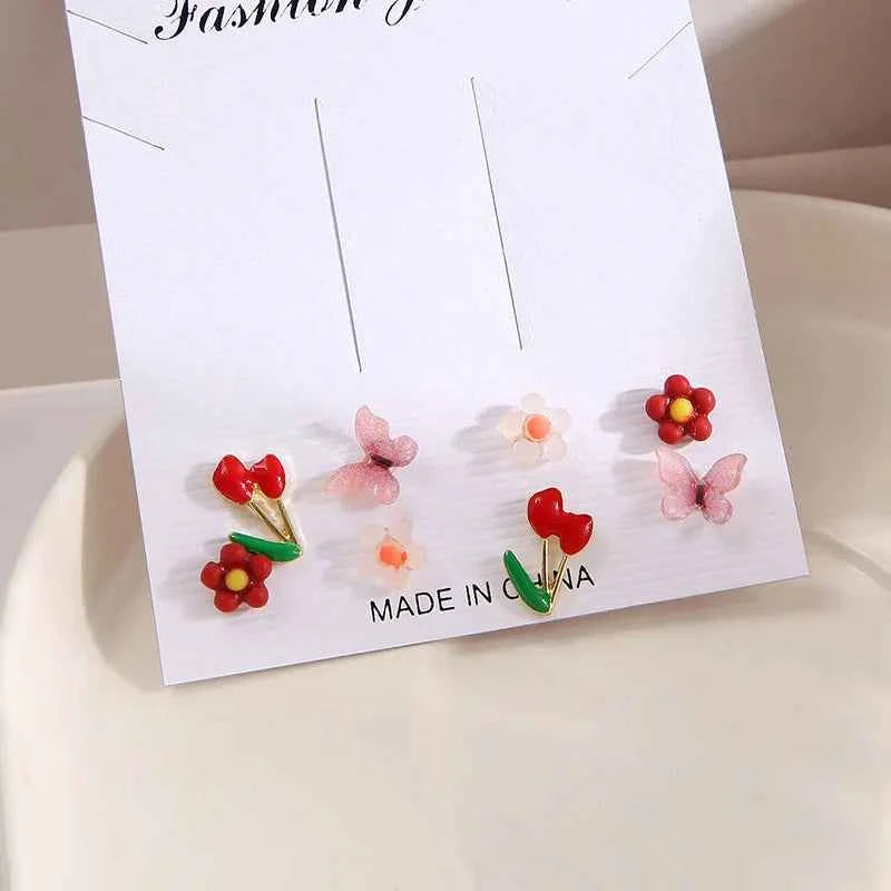 LATS Colorful Fruit Butterfly Flower Earrings Set for Women Creative Trinket Crystal Stud Earrings Fashion Jewelry Accessories