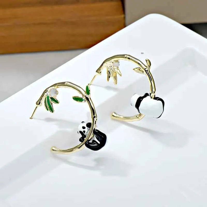 Small niche luxury panda bamboo ear rings, grand and eye-catching, slim and dripping oil earrings for women