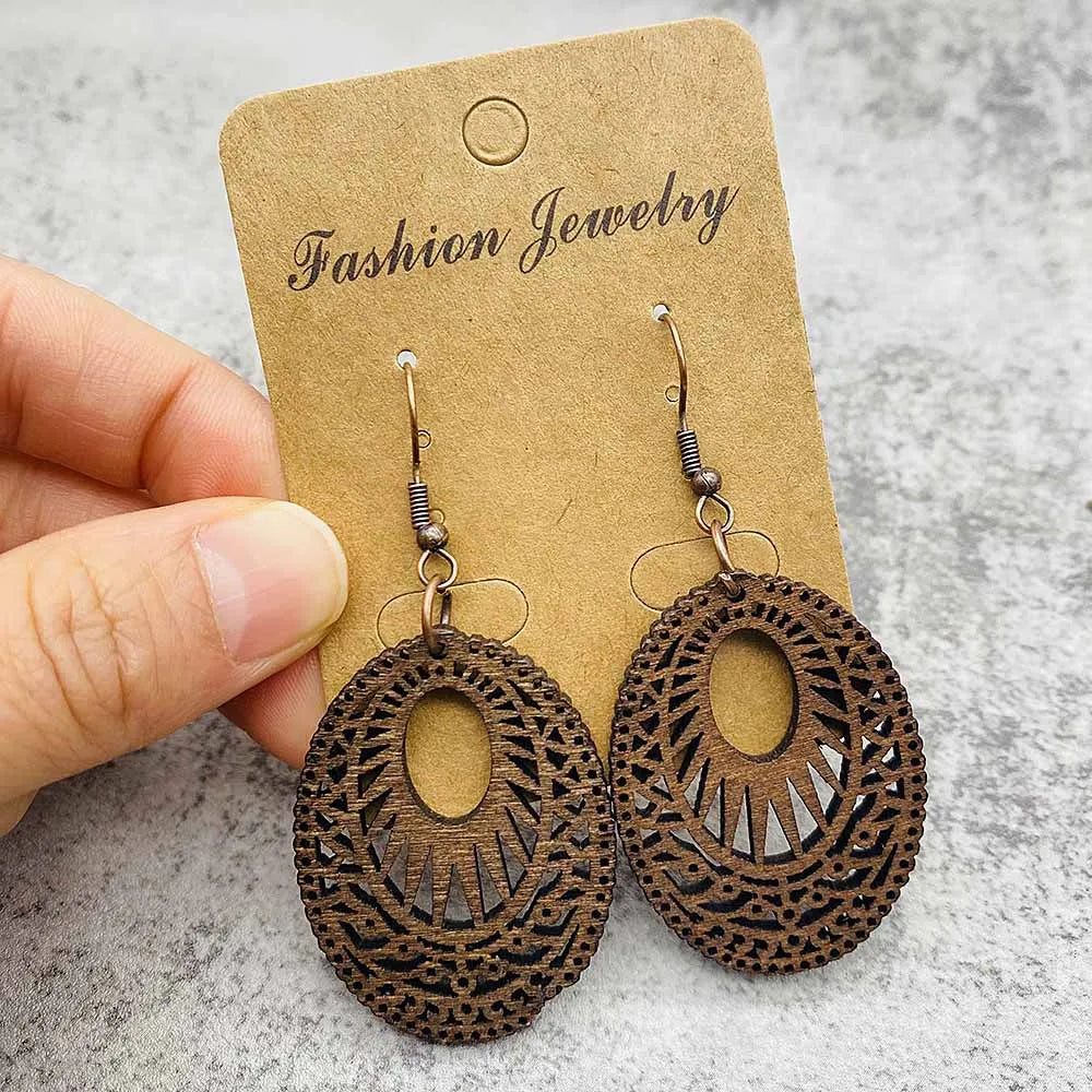 Vintage Hollowed Out Wooden Earrings Fashionable  Bohemian Style Creative Geometric Earrings Set for Women's Daily Wear