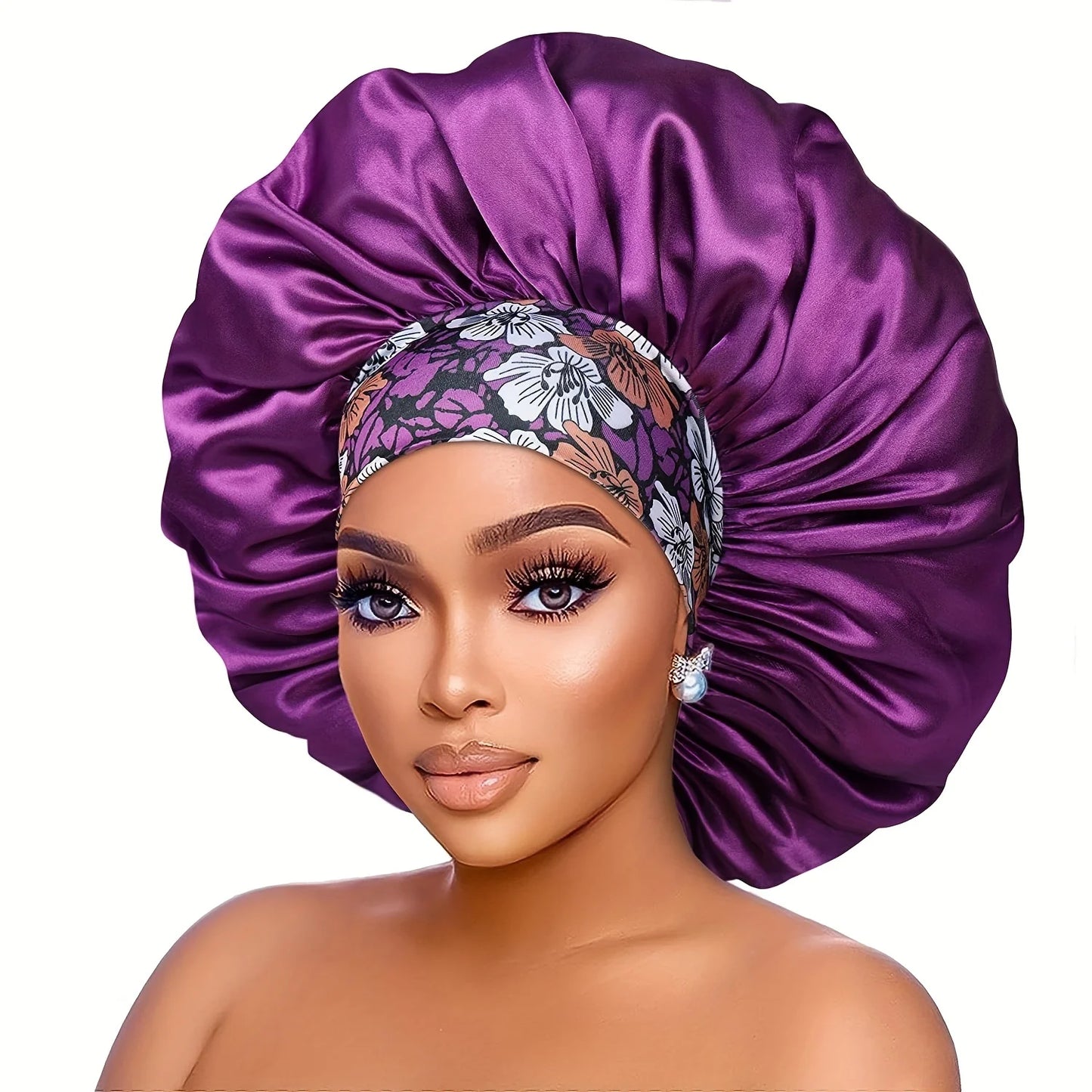 Women's Fashion Bonnet Flower Printed Hair Hat with Wide Edge Elastic Silk Smooth Satin Face for Daily Home Sleep Hat - NamafadStore