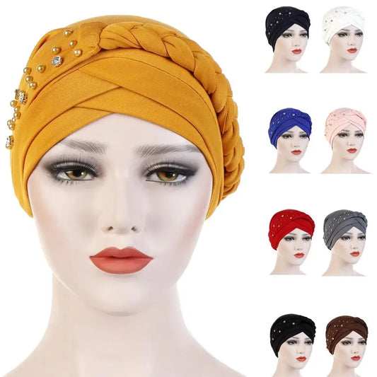 Women Lady Beads Muslim Braid Head Turban Wrap Cover Cancer Chemo Islamic Arab Cap Hat Hair Loss Bonnet Beanies Fashion - NamafadStore