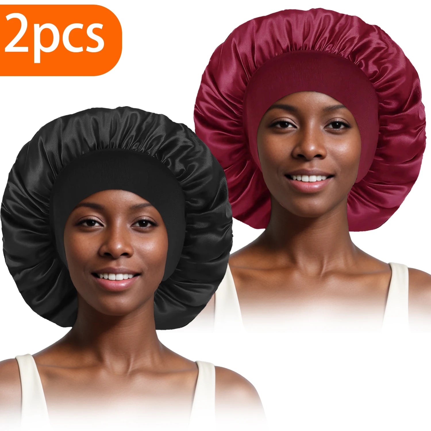 2pcs Women's Fashion Bonnet Large Wide Edge Elastic Hat Casual Silk Smooth Tint Suitable for Curled Straight Hair Sleeping Hat - NamafadStore
