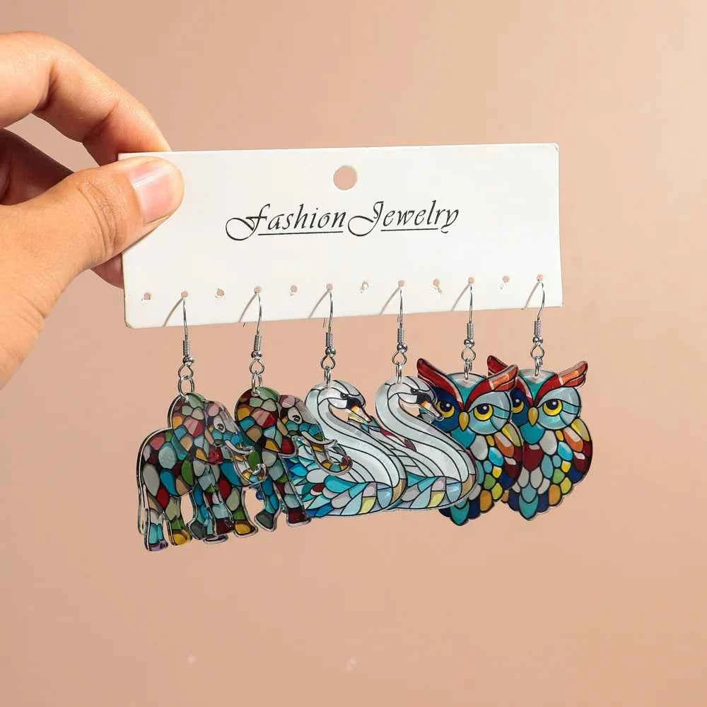 New Church Colorful  Cat Owl Elephant Acrylic Earrings Set for Women 3pair Cute Cartooon Animal Drop Earring Funny Jewelry Gifts