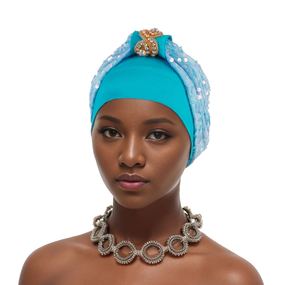Shining Diamond Sequins Women's Turban Cap African Hat Headtie Bonnet Muslim Headwear Top Knotted Head Caps Turbante Mejur - NamafadStore