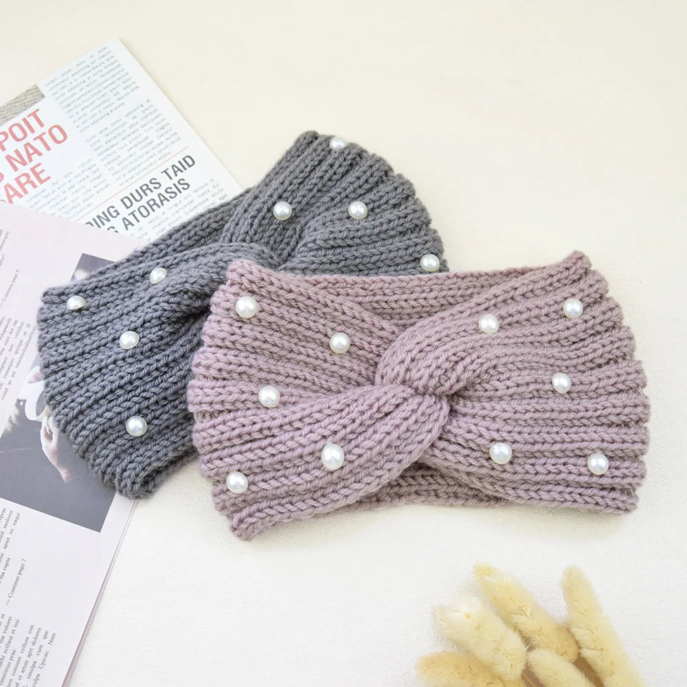 Fashion Pearls Knitted Headband Women Cross Knotted Hair Bands Autumn Winter Ear Warmer Protectors Wide Turban Hair Accessories - NamafadStore