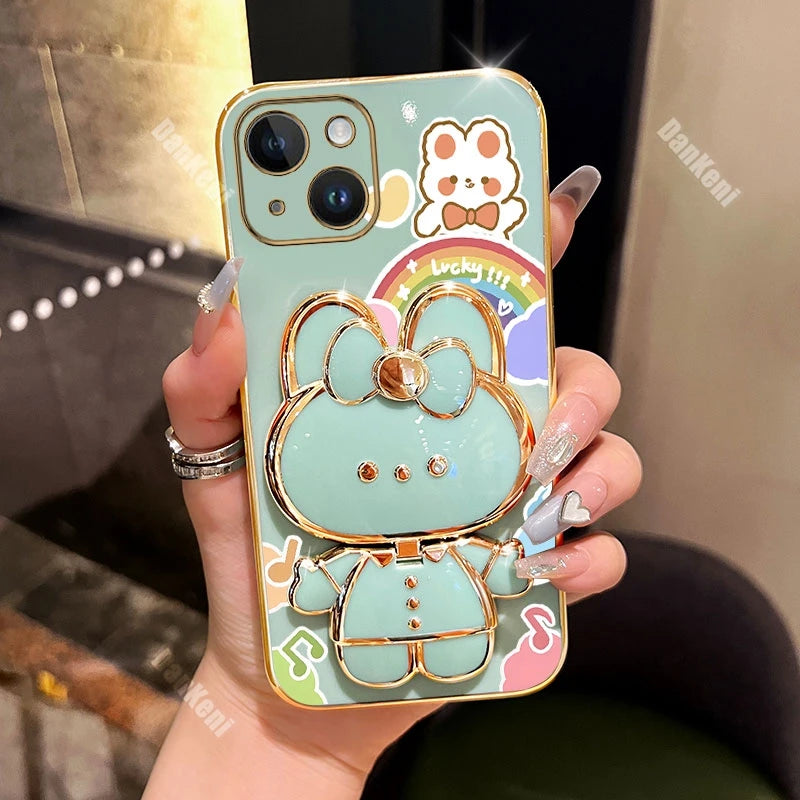 13 14 Lucky Rabbit Holder Bracelet Plating Phone Case For iPhone 13 14 12 15 Pro Max Mini 15 14 Plus XS XSMax XR X Cover
