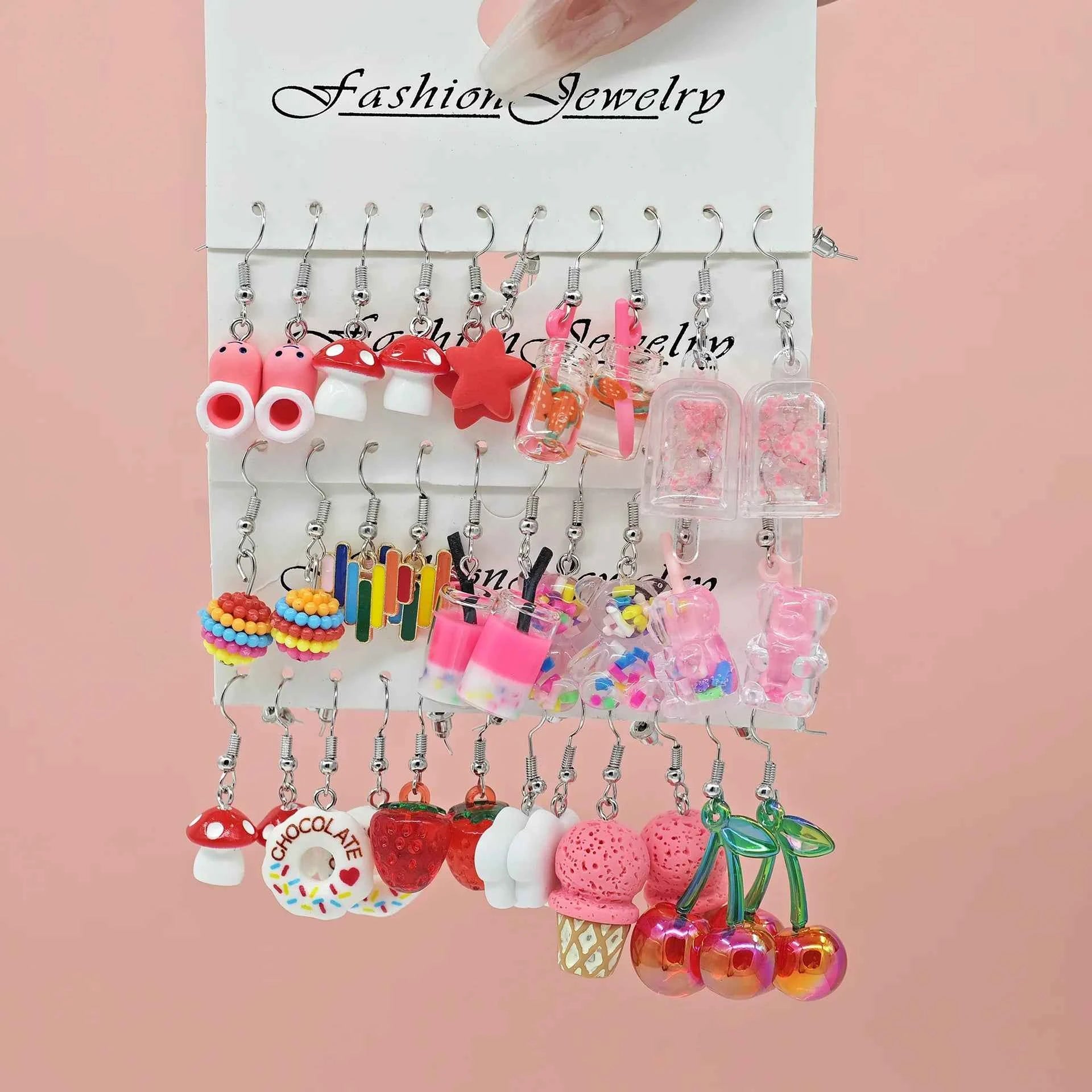 cartoon candy color matching resin earrings cherry mushroom donut ice cream combination set