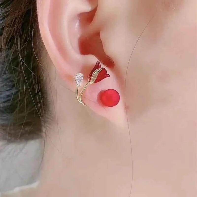 Korean Imitation Pearl Flower Earrings Fashion Crystal Zircon Red Rose Stud Earring for Woman Party Jewelry Christmas Gift
