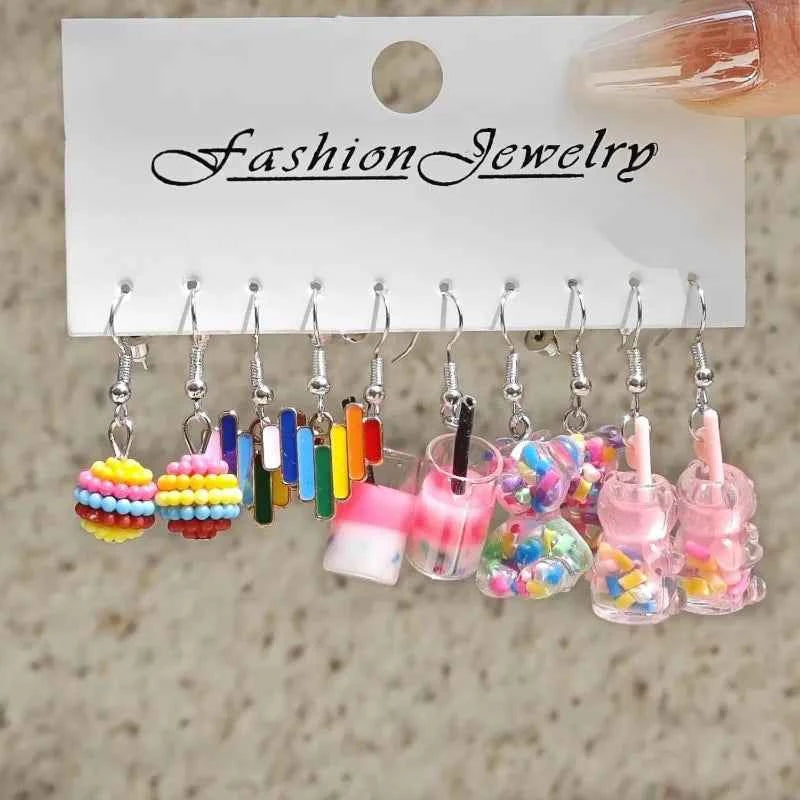 Fashion 5-piece New Color Acrylic Simulation Food Candy Donut Windmill Love Oil Drip Earring Set for Women