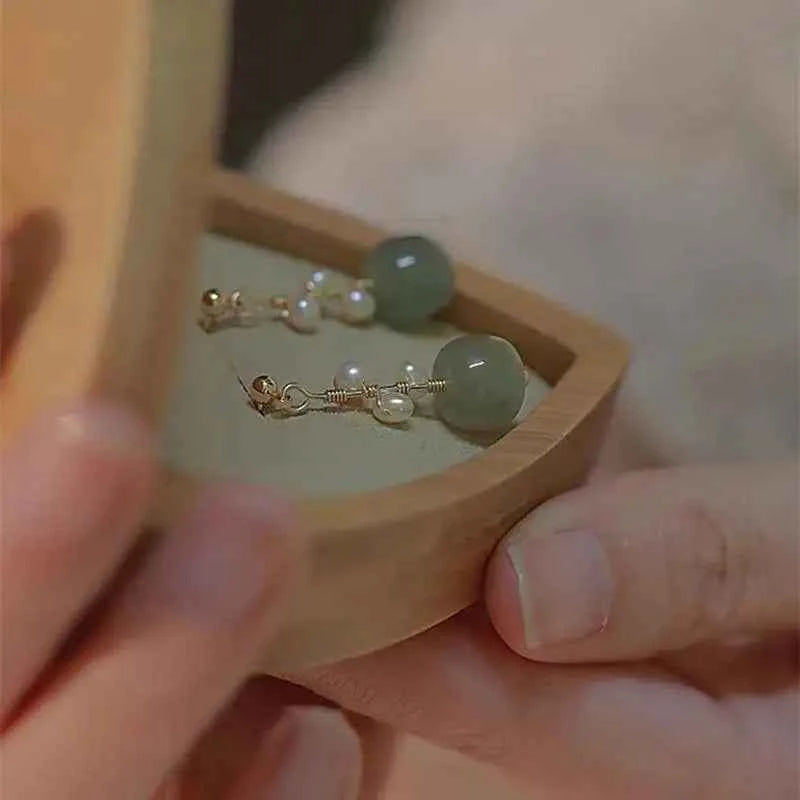 100% Natural Freshwater Pearl & Nephrite Jade Stone 14K Gold Filled Ladies Tassels Stud Earrings Not Allergic For Women Gifts