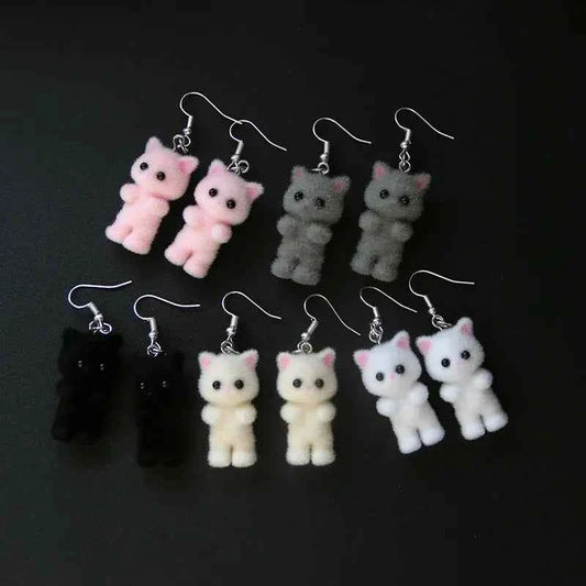 Cute Resin Flocked 3D Cat Earrings,Cartoon Animal Earrings,Holiday Party Gift