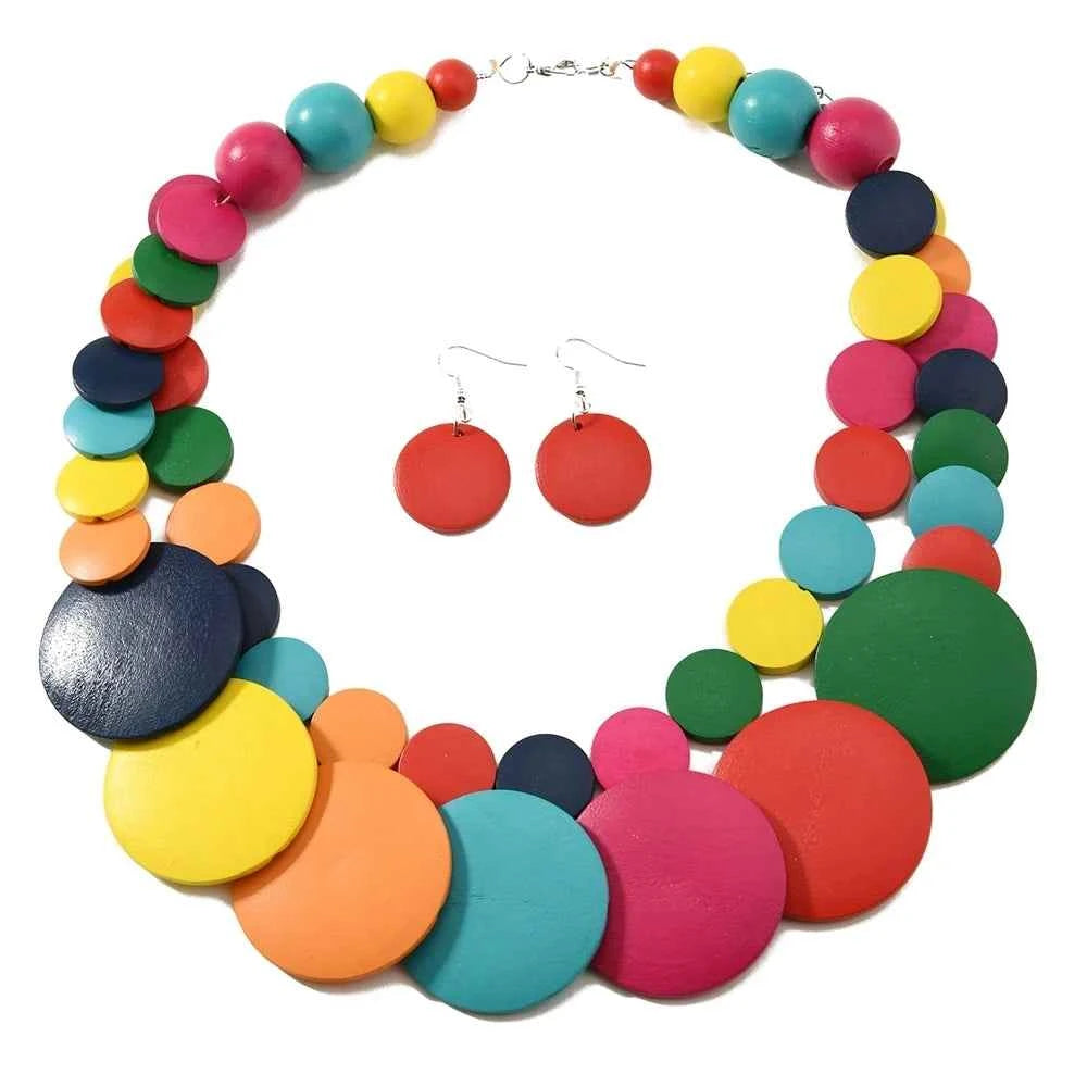 African Jewelry Bohemian Colored Geometric Round Wooden Beads Handmade Bead Necklace And Earrings Women's Party Accessories