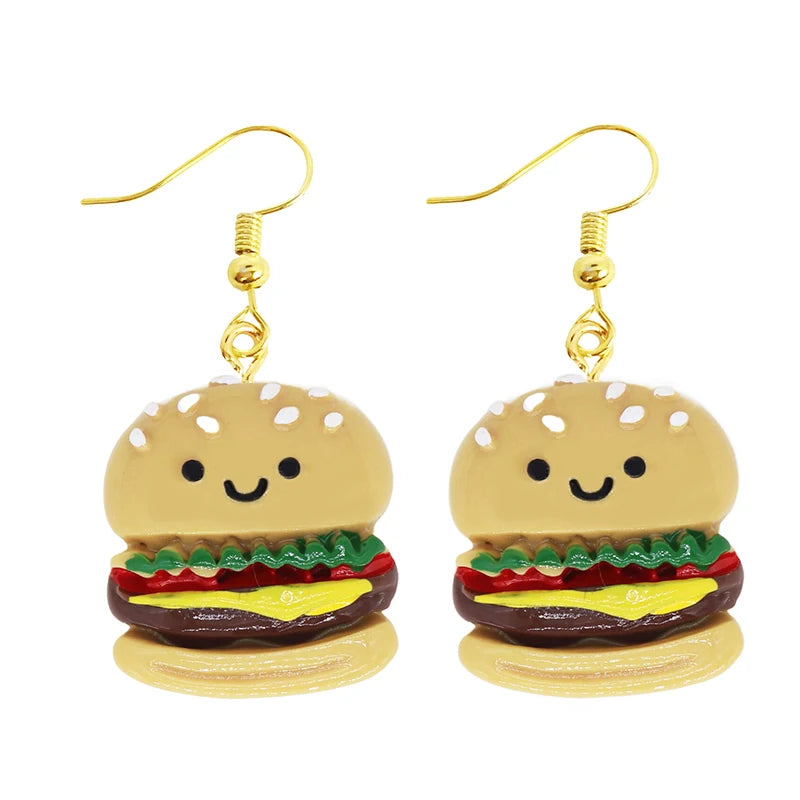 Women Earring Resin Drop Funny Custom Cute Girls Eardrop Kids Chocolate Strawberry Hamburger Hot Dog Mushroom Broccoli Coffee