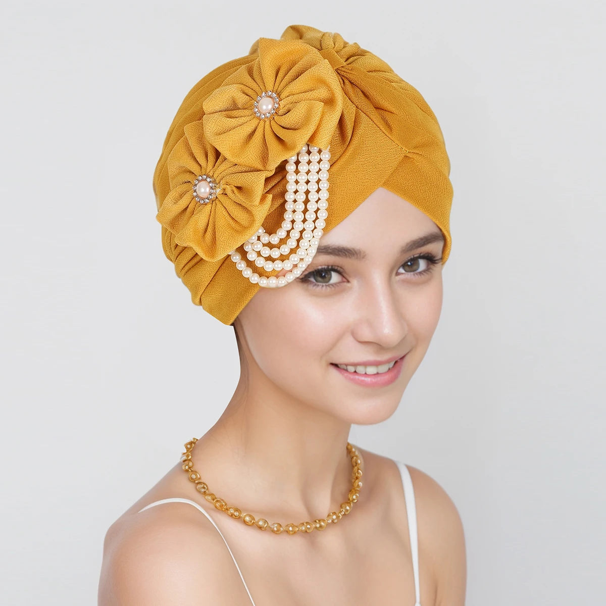 Pearls Beading Turban Cap for Women Flower Design Female Head Wraps Muslim Headscarf Bonnet Hairloss Hat Cover - NamafadStore