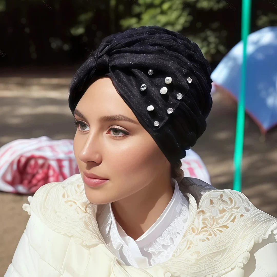 Indian Turban Hat for Women Rhinestone Stretch Headwarp Head Cover Bonnet Muslim Crysta Pleated Headscarf Hat